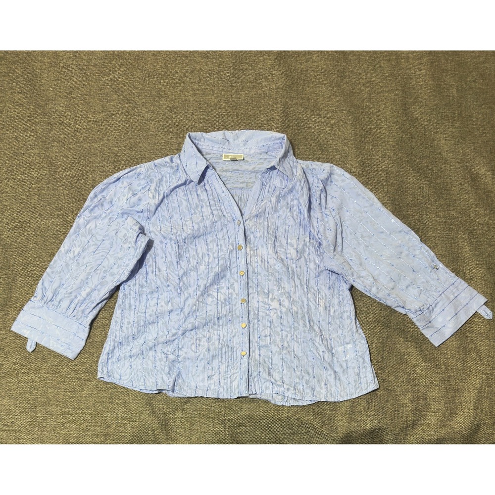 JM Collection Women's 16 Button Up Shirt Blue Floral Textured 3/4 Sleeve